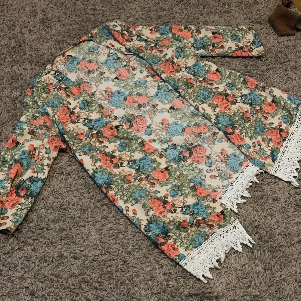 Adorable Floral Sheer Cardigan with Lace Trim